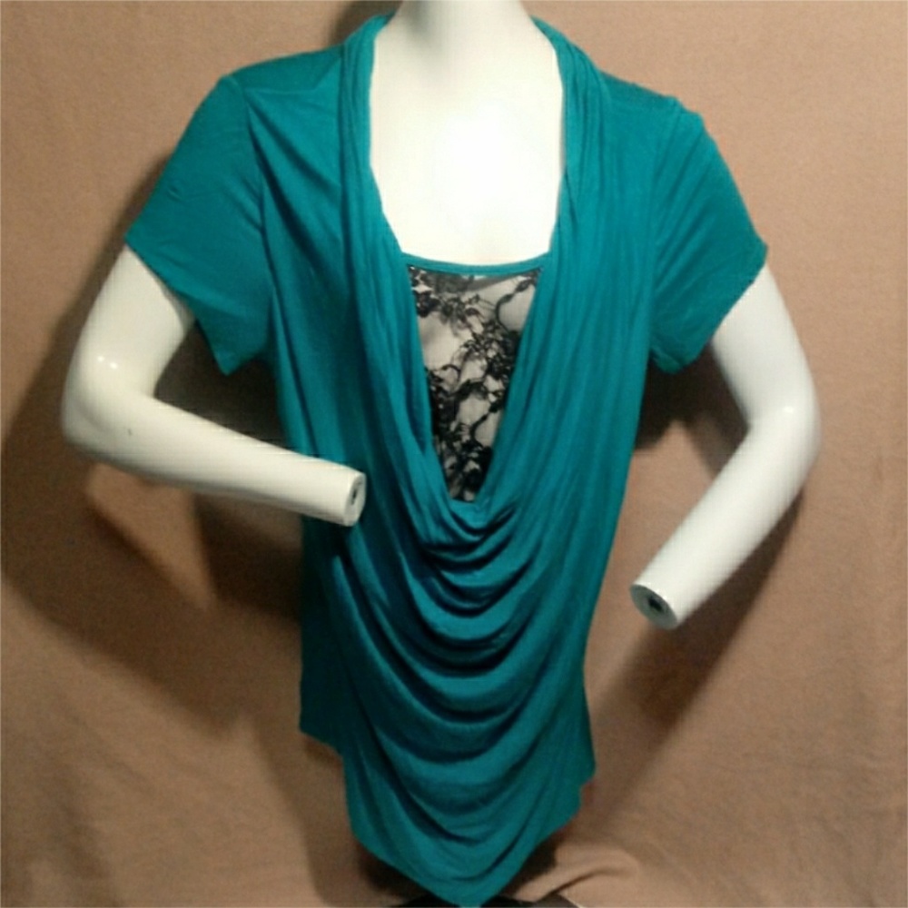 Teal Blouse With Black Lace
